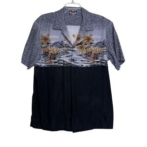 Hawaii Blues Vintage Mens Tropical Island Scenic Print Cotton Button Down Shirt
